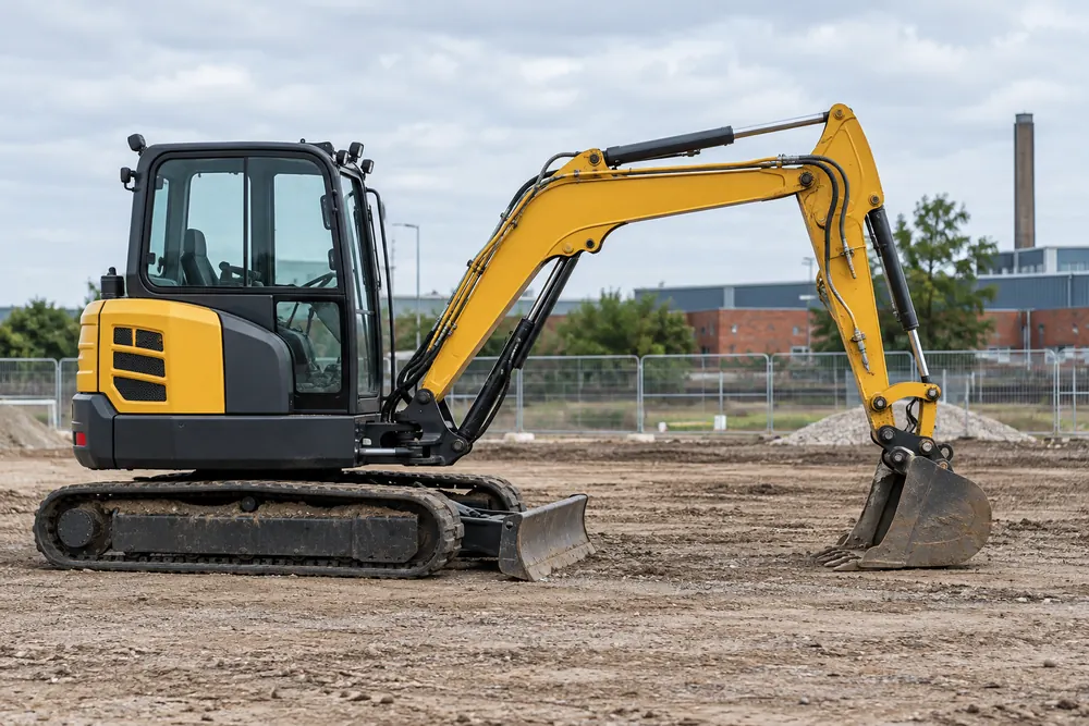Compact tracked digger with bucket lowered
