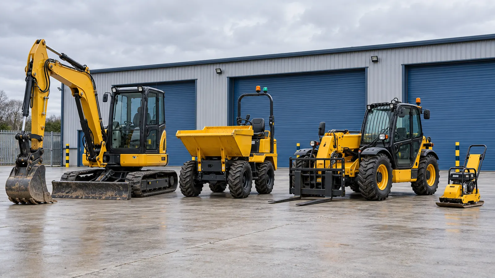 Excavators, a dumper and site equipment lined up in a commercial hire yard