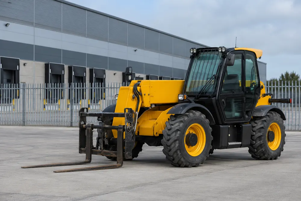 Telehandler with lowered forks outside a warehouse